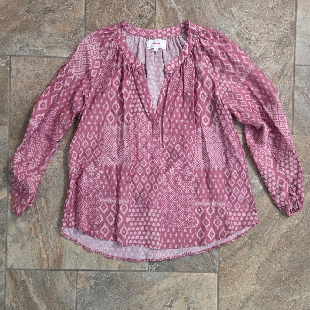 Xirena Pink‎ Ikat Patchwork Cotton Silk Split Neck Blouse Top XS Made in USA